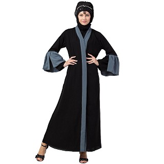 Front open abaya with contrast bell sleeves- Black-Grey